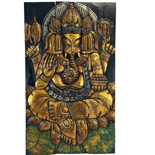 Tríptico de Ganesha de madera tailandesa vintage – Relieve dorado – aprox.