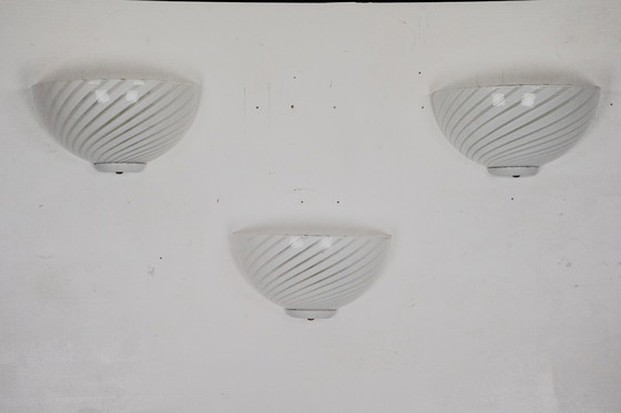 Image 1 of Italian Set of Three Striped Murano Glass Sconces in Venini Style, Italy 1970s