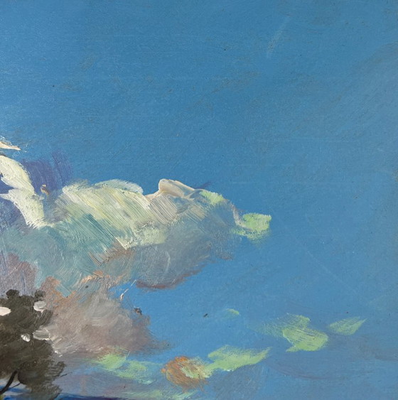 Image 1 of Peinture à l'huile originale, paysage de route d'été. L'harmonie paisible de la nature.