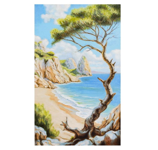 Plage peinte à l'huile signée par l'auteur. Mer à l'huile signée. Tableau de mer à l'huile. Paysage marin.