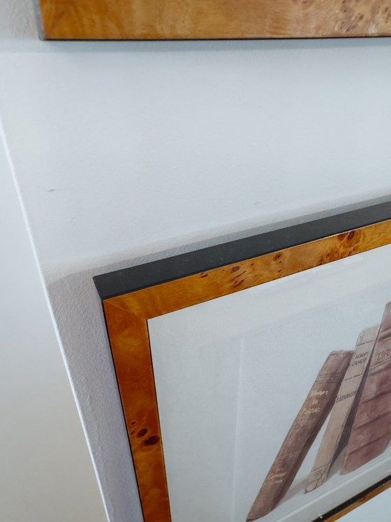 Image 1 of Watercolor paintings of books in burlwood frame, set of 2