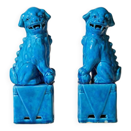 Par de perros Fô azules - cerámica esmaltada - azul chino - mediados del siglo XX