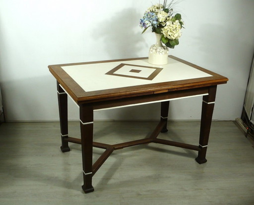 Table de salle à manger antique extensible en chêne massif + crème-blanc, Art Nouveau Nikolaischule vers 1900