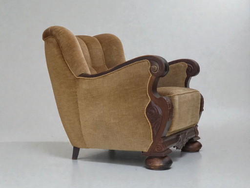 1960s, Danish armchair, original green furniture velour, carved oak wood.