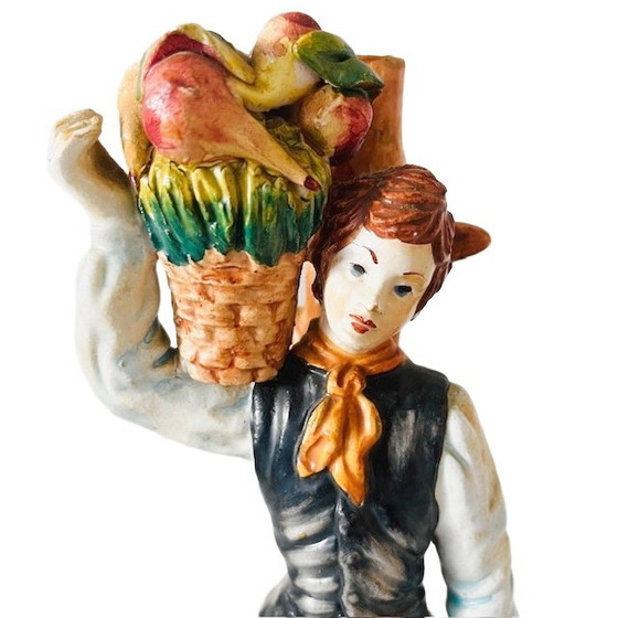 Image 1 of Vintage mid-century Italian Bassano sculpture of a young man with fruit, 1950s, signed