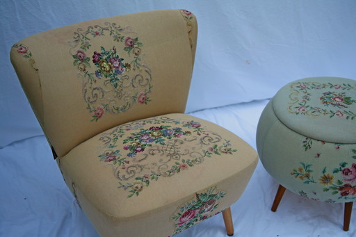 Artifort Gillyflower armchair + Vintage footstool with storage space