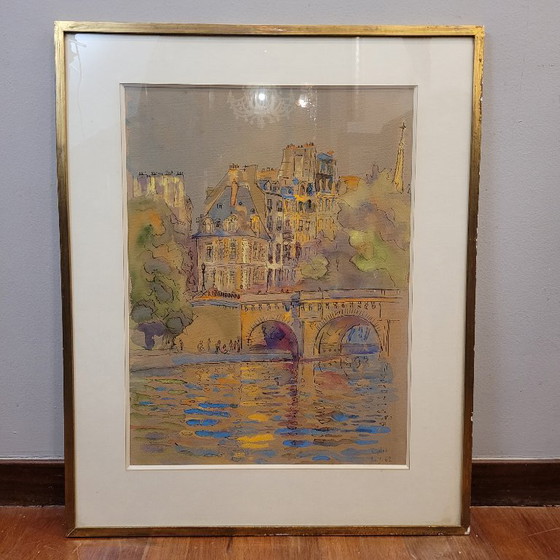 Image 1 of Aquarelle sur papier « Pont Marie, Paris », post-impressionnisme, signée Gilis, 1962 - France