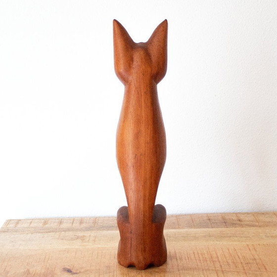 Image 1 of Statue de chat siamois vintage en bois sculpté à la main, de style art populaire