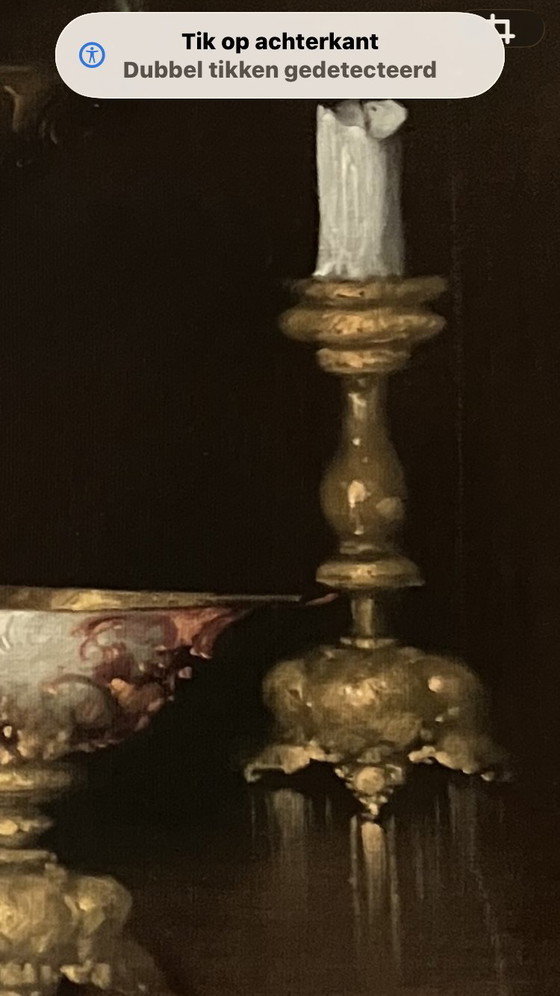 Image 1 of Groot Klassiek Stilleven R. Hunther - Gouden Vazen & Bloemen - Luxe Lijst