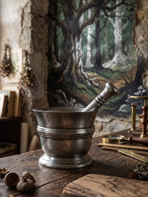Vintage pewter mortar and pestle, Les Étains du Manoir, 1970s-1980s – decoratieve objecten, Metal (photo 2 of 11)