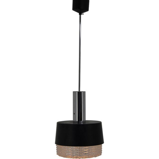Lampe suspendue vintage en verre et métal noir par Napako, Tchécoslovaquie 1970
