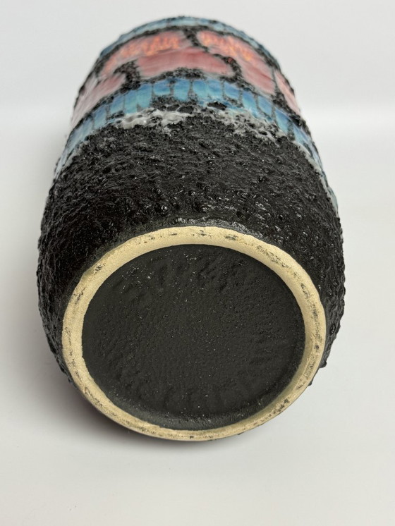 Image 1 of Large Ceramic Black Fat Lava Vase with Brilliant Azur Blue and Orange Enamel Accents, West Germany 1970s.