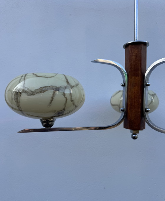 Image 1 of Lampadario Art Déco in cromo e vetro opalino marmorizzato