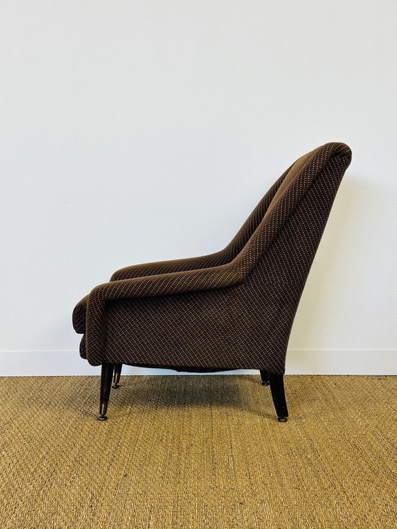 Image 1 of Vintage fauteuil in bruine tweedstof met uitlopende poten, 1960