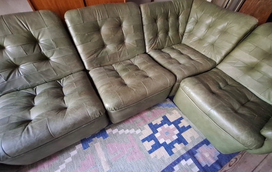 Image 1 of Patchwork Modular Sofa Set in Olive Green Patinated Leather by Laauser 1970s