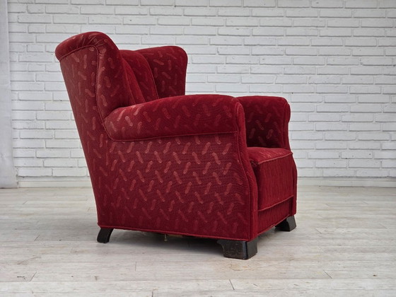 Image 1 of Fauteuil relax danois des années 1950, laine rouge pour meubles, bois de chêne.