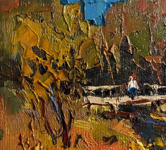 Image 1 of Original Oil Painting Autumn Bridge Landscape Near a quiet river