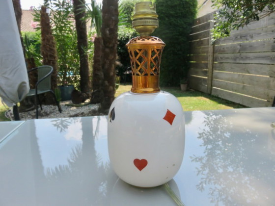 Image 1 of Porcelain lamp by Rivière Letort, Saint Méen Le Grand, France, "playing cards" design, 1950