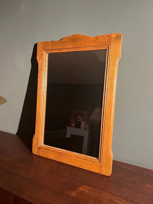 Original Mid - Century wall mirror with a rustic solid wood frame. Medium sized 1960s mirror.