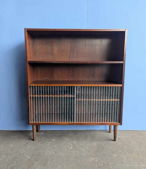 Vintage Danish wall cabinet/ glass sliding doors