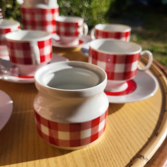 Vichy red and white checkered coffee/tea set, 1960-70, KRONESTER BAVARIA, Crockery, Porcelain, Vintage (photo 13 of 15)