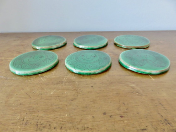 Image 1 of Juego de 6 posavasos de cerámica verde craquelada, años 60 70
