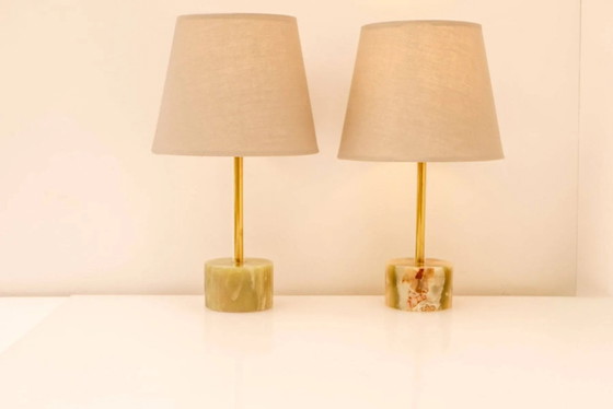 Image 1 of Mid-century modern Italian onyx and brass table lamps, set of 2