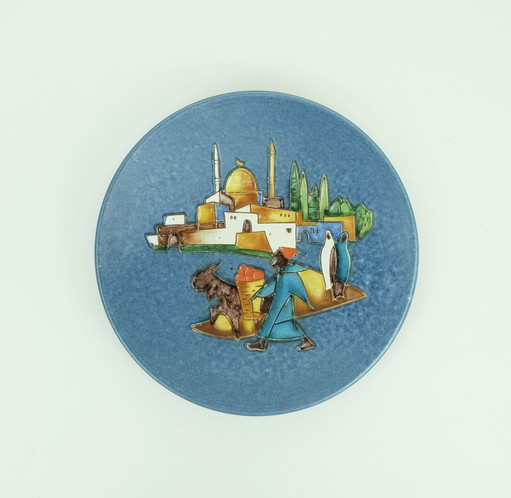 Assiette murale Majolika Karlsruhe, rare motif oriental, années 1930, 40 et 50