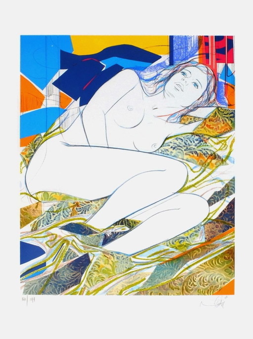 Jean-Baptiste VALADIÉ Nudo su un divano colorato Litografia firmata