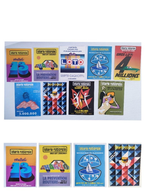 Image 1 of Nueve carteles ilustrados de la lotería nacional francesa de la década de 1970