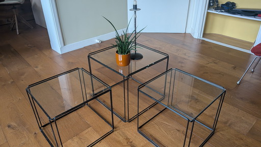 Set of 3 Max Sauze design tables - black steel and glass - vintage