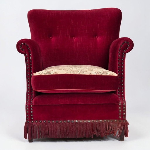 1970s, Danish armchair, red furniture velour, ash wood.