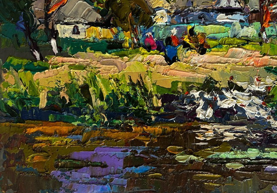 Image 1 of Original Oil Painting Summer Coastal Landscape Ducks are swimming along the river