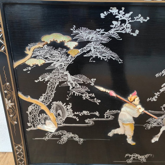 Image 1 of Vintage Chinoiserie black lacquered wall panel with mother-of-pearl inlay