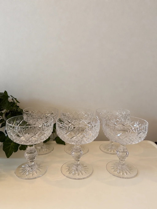 Set of 6 cut crystal coupe champagne glasses