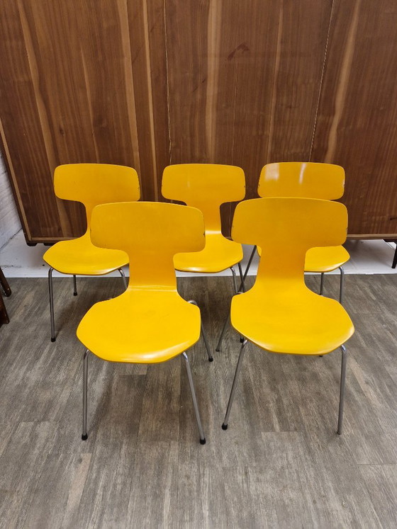 Fritz Hansen "Hammer" Sedie da pranzo (5) Modello 3103 – Arne Jacobsen (1974) – Metal, Wood, Vintage (photo 10 of 11)