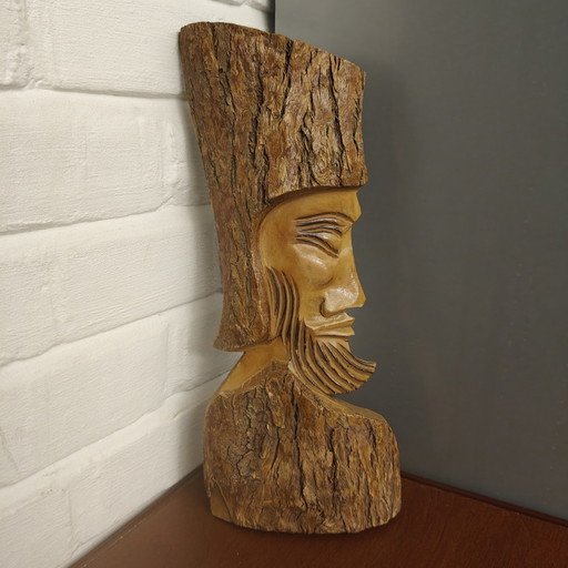 Unieke vintage handgesneden houten wandsculptuur – Rustiek volkskunstgezicht – beeldhouwkunst, Wood (photo 2 of 6)