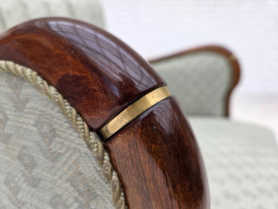 Image 1 of Deense fauteuil uit de jaren 60, lichtblauwe meubelstof, beukenhout.