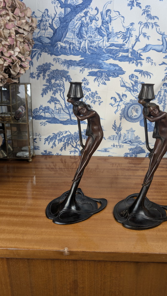 Image 1 of Ein Paar MoMa-Kandelaber aus Bronze mit Nymphen im Jugendstil Vintage 1988