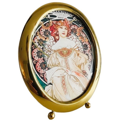 Dipinto vintage Art Nouveau di Alphonse Mucha Champenois Hallmark cornice ovale in ottone degli anni '60