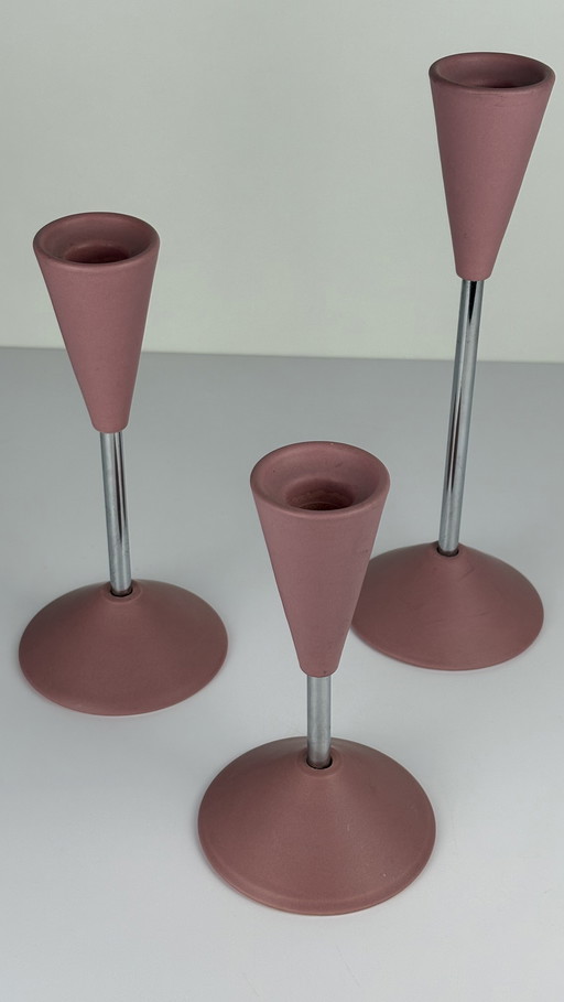 3 x diabolo bougeoirs Memphis design en céramique rose chromée