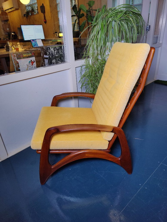 Vintage 50s/60s De Ster Gelderland Armchair, Wood, Textile, Brown, Mid Century Modern (photo 4 of 13)