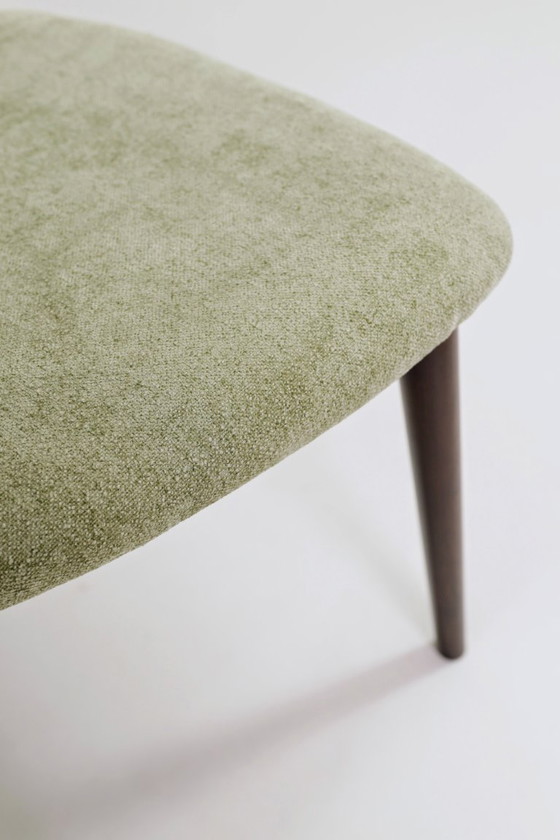 Image 1 of Moderne set van 6 eetkamerstoelen, Sage Farbic en donker walnoot beukenhout