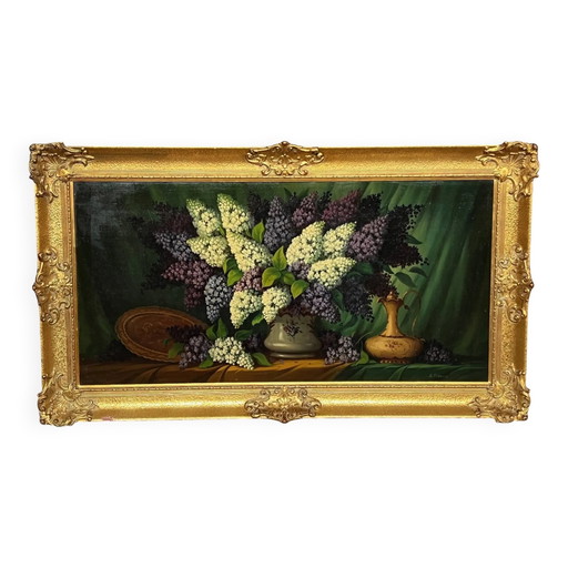 Schilderij gesigneerd "Stilleven met seringen". – schilderijen tekeningen, Canvas