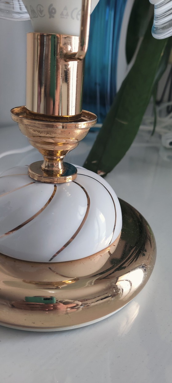 Image 1 of Vintage Hollywood Regency Table Lamps, Set of 2, Wavy Ribbed Opaline Glass, White and Gold Retro Bedside Lighting