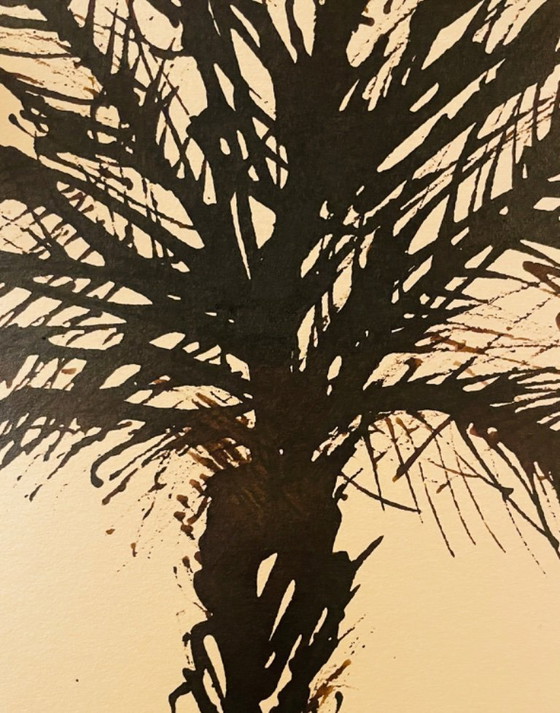 Image 1 of Acuarela monocromática firmada "Palmera al atardecer"