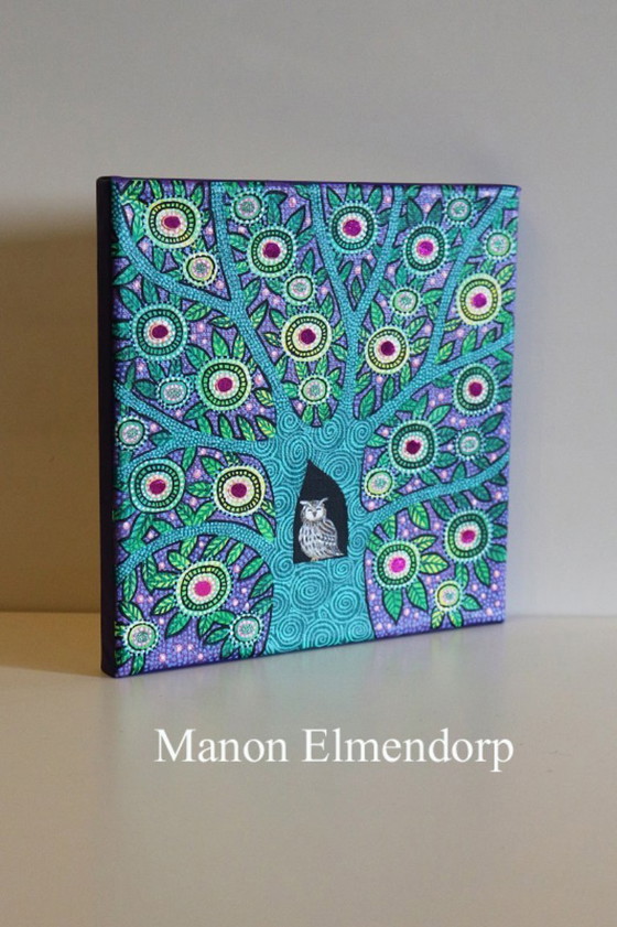 Image 1 of Unique Hand-Painted Owl Painting New 20x20 cm