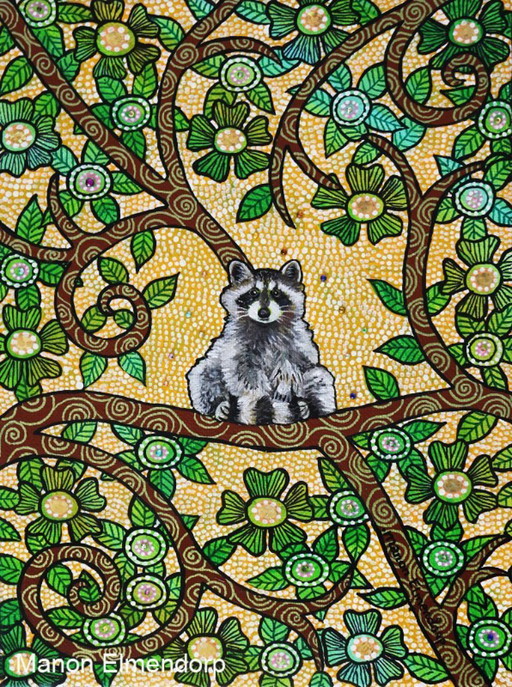 Unique Hand Painted Painting Raccoon 24x18cm