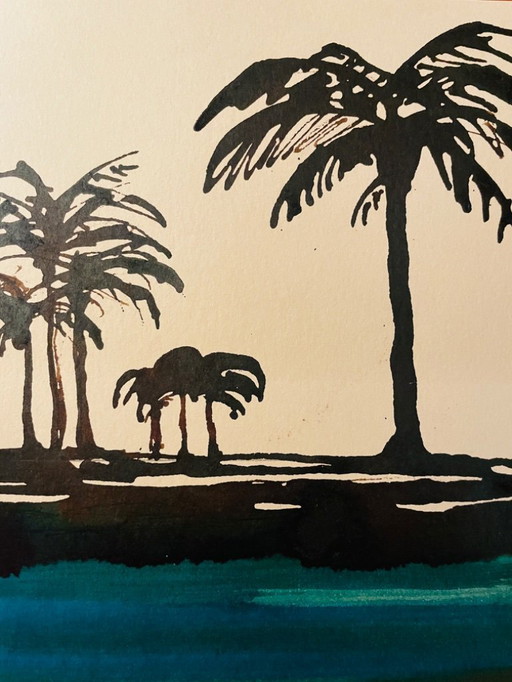 Tableau signé aquarelle bichrome « crépuscule sur le Nil »
