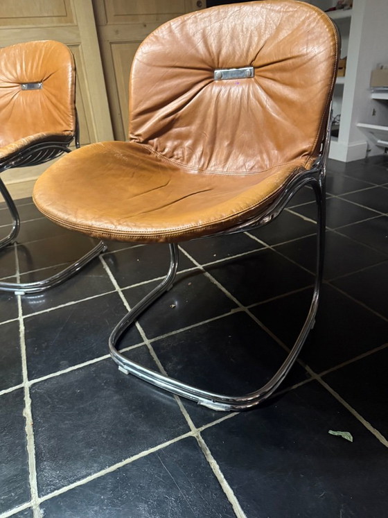 Dining set with glass table and six leather chairs, Rinaldi, Chrome, Brown, Mid Century Modern (photo 6 of 6)